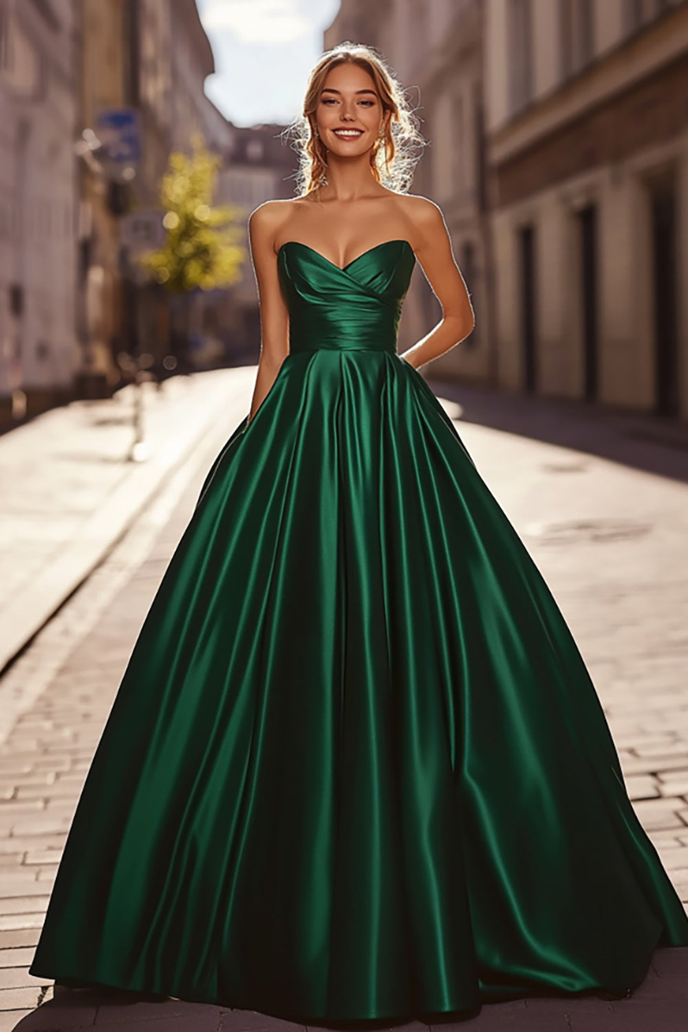 Elegant Ruched Dark Green A Line Satin Long Prom Dress