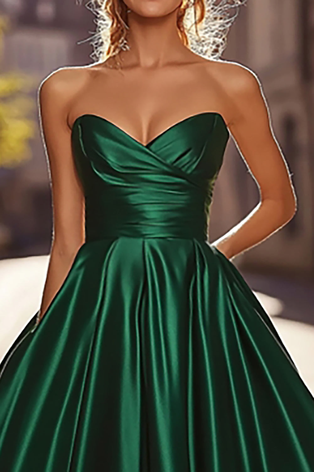 Elegant Ruched Dark Green A Line Satin Long Prom Dress