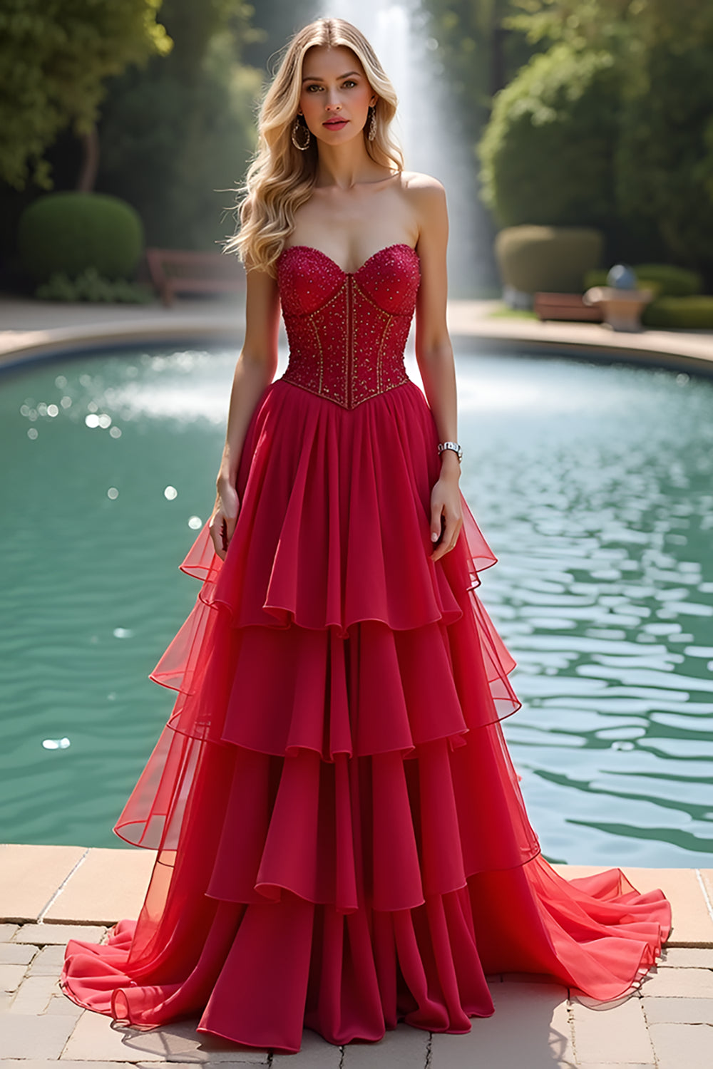 Red Long Ruffled A Line Sweetheart Prom Dress with Lace