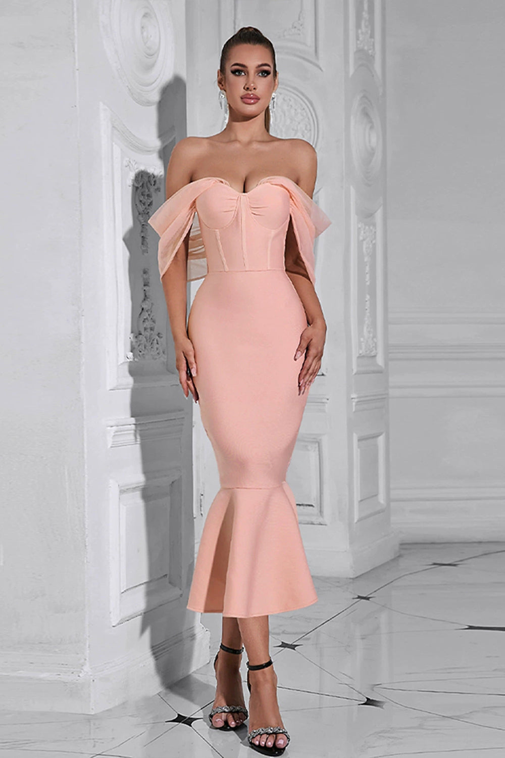 Blush Mermaid Corset Off the Shoulder Tea Length Prom Dress