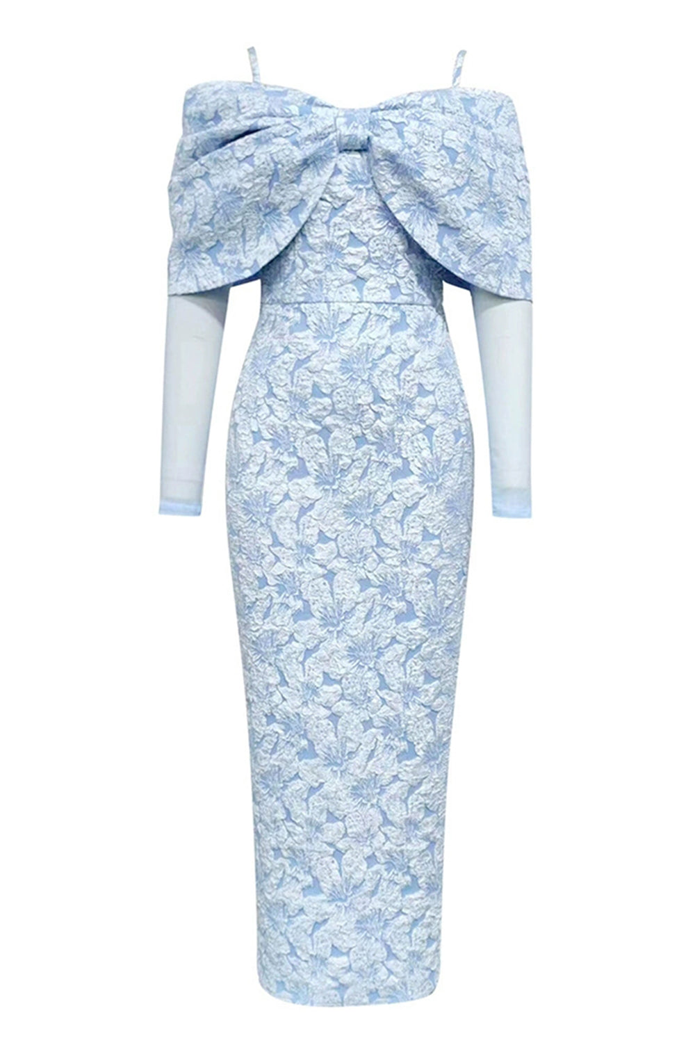 Floral Light Blue Bodycon Cold Shoulder Long Sleeve Prom Dress with Back Slit