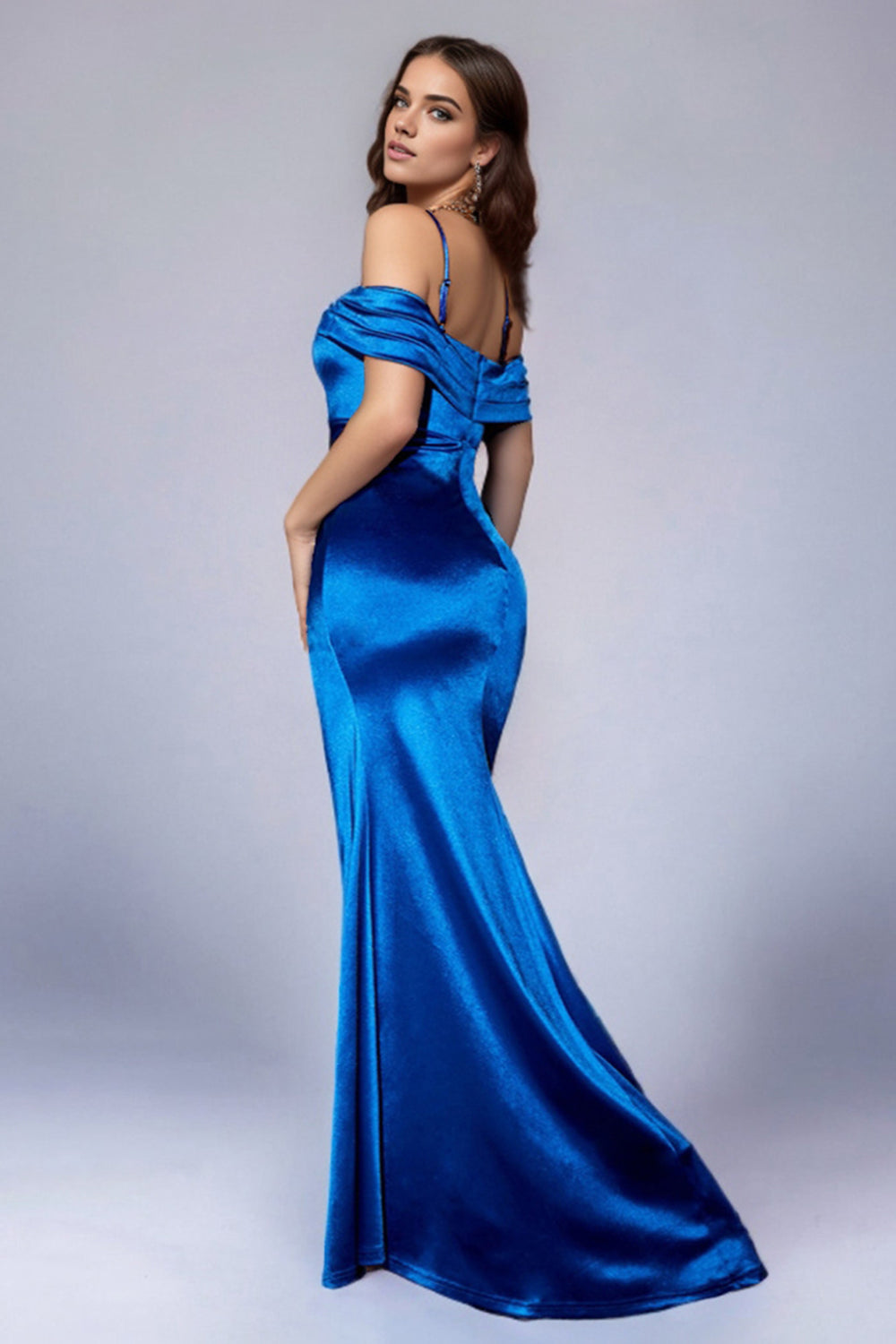 Ruched Royal Blue Cold Shoulder Prom Dress with Slit