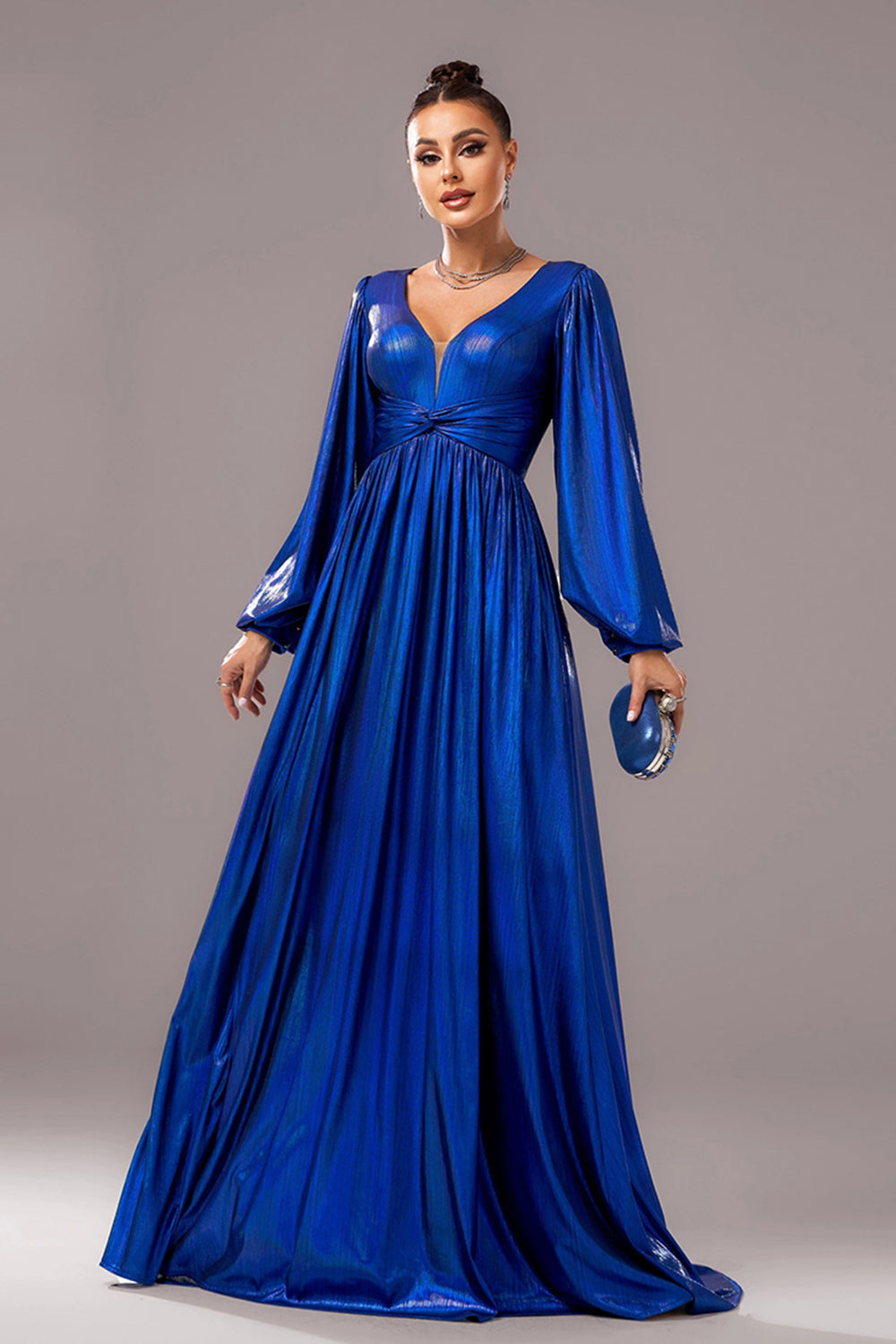 Royal Blue A-Line V Neck Long Sleeves Pleated Long Formal Dress