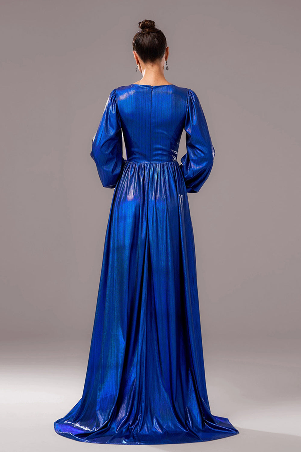 Royal Blue A-Line V Neck Long Sleeves Pleated Long Formal Dress