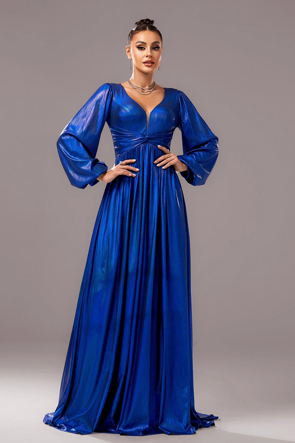 Royal Blue A-Line V Neck Long Sleeves Pleated Long Formal Dress