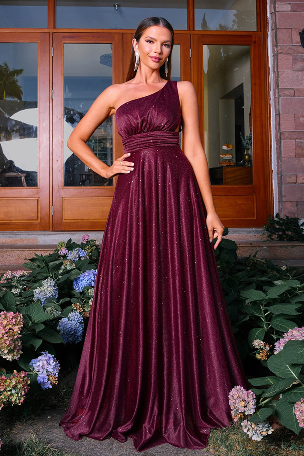 Sparkly Burgunde One Shoulder A Line Ruched Prom Dress