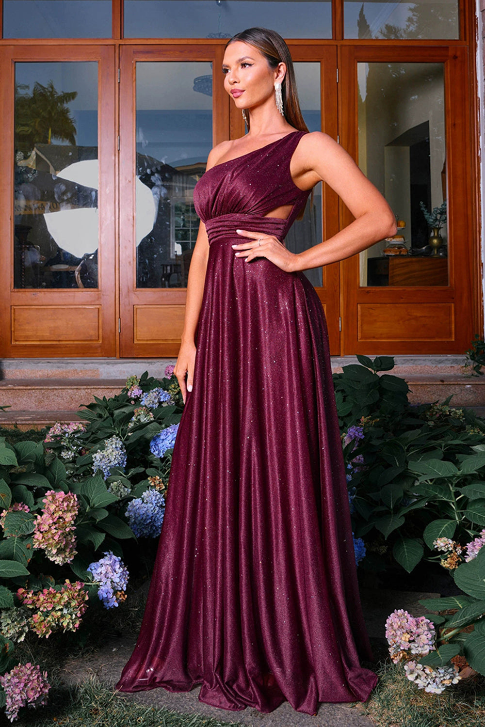 Sparkly Burgunde One Shoulder A Line Ruched Prom Dress