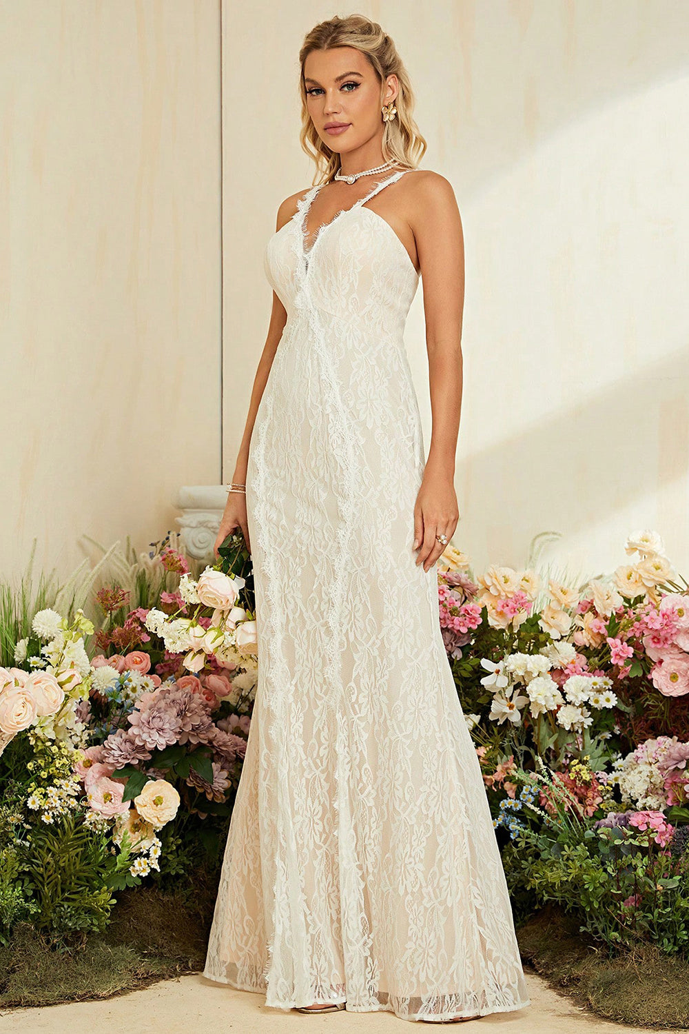 Ivory Apricot Spaghetti Straps Mermaid Lace Long Wedding Dress