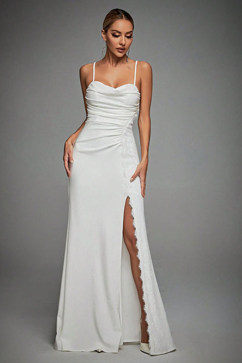 Lvory Spaghetti Straps Mermaid Ruched Long Wedding Dress with Slit