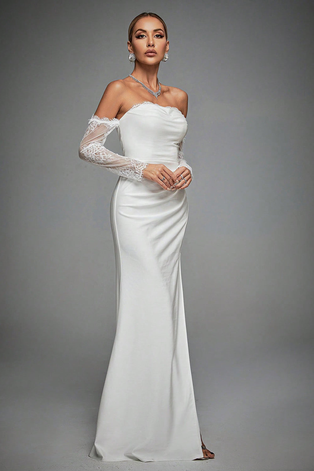 Ivory Off The Shoulder Lace Sleeves Long Wedding Dress with Slit