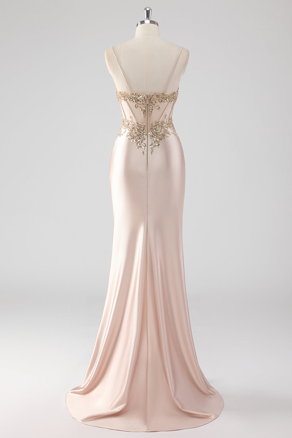 Sparkly Champagne Corset Appliques Prom Dress with Slit