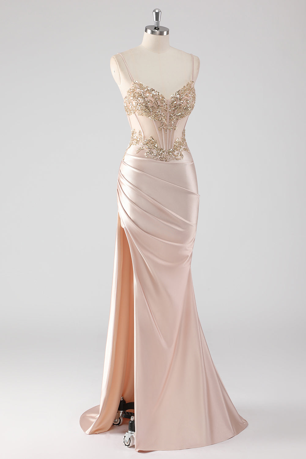 Sparkly Champagne Corset Appliques Prom Dress with Slit