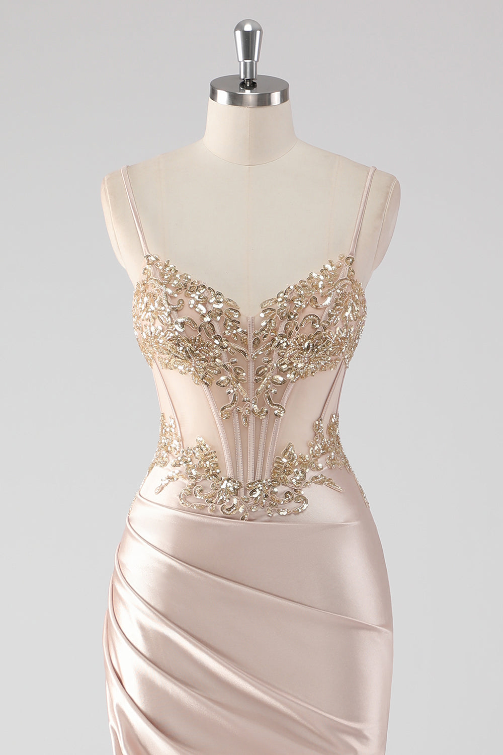 Sparkly Champagne Corset Appliques Prom Dress with Slit