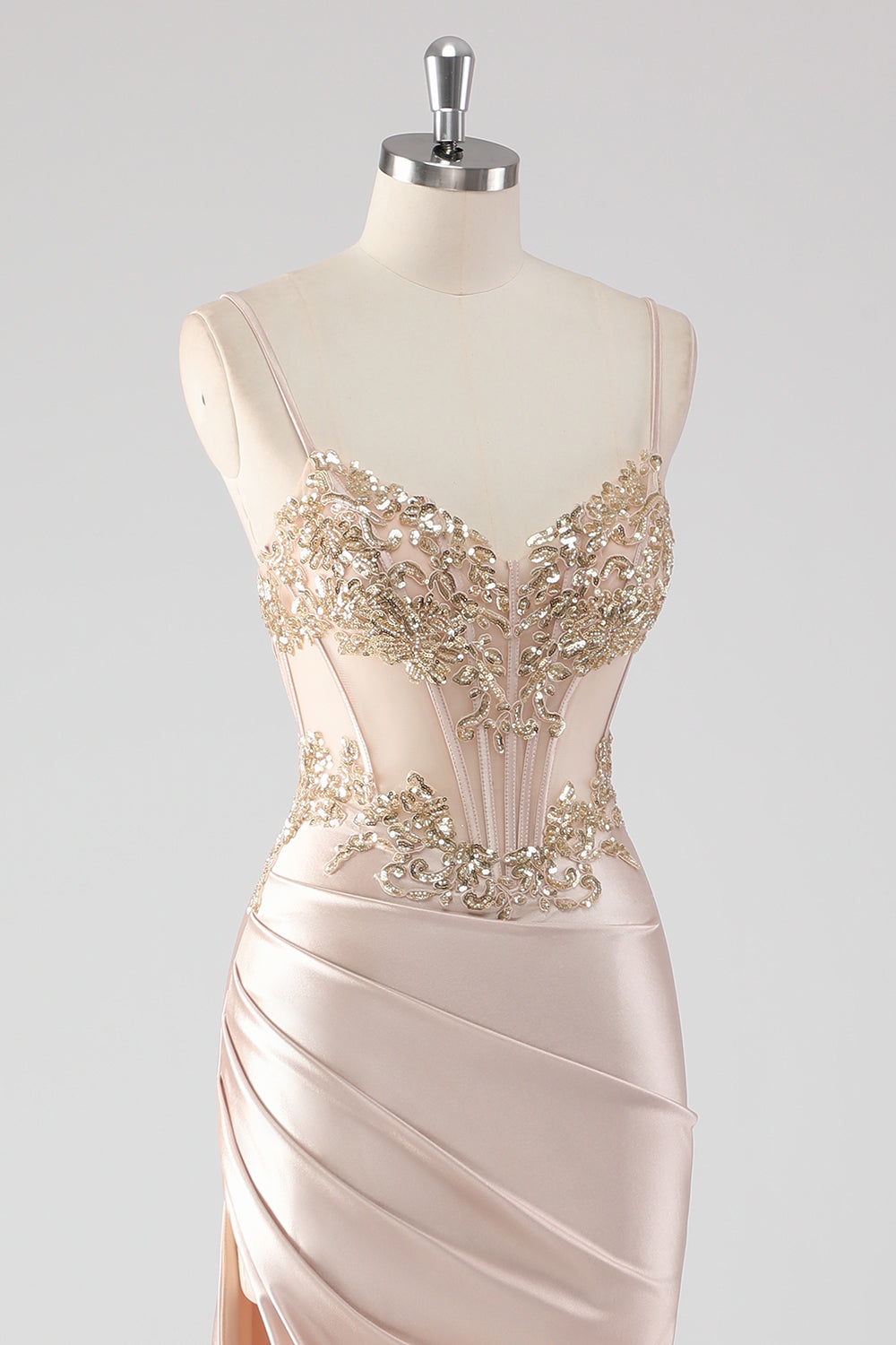 Sparkly Champagne Corset Appliques Prom Dress with Slit