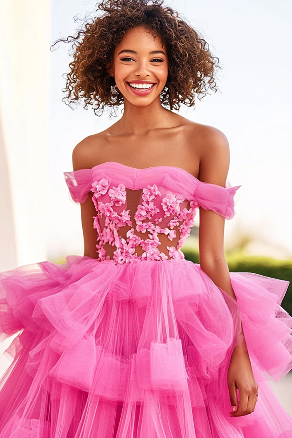 Fuchsia Ball Gown Tulle Off the Shoulder Ruffles Prom Dress