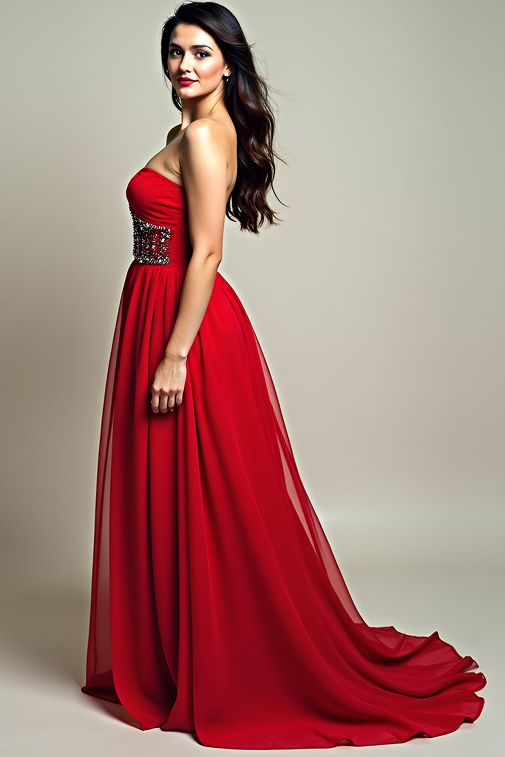 A Line Strapless Red Beaded Long Prom Dress