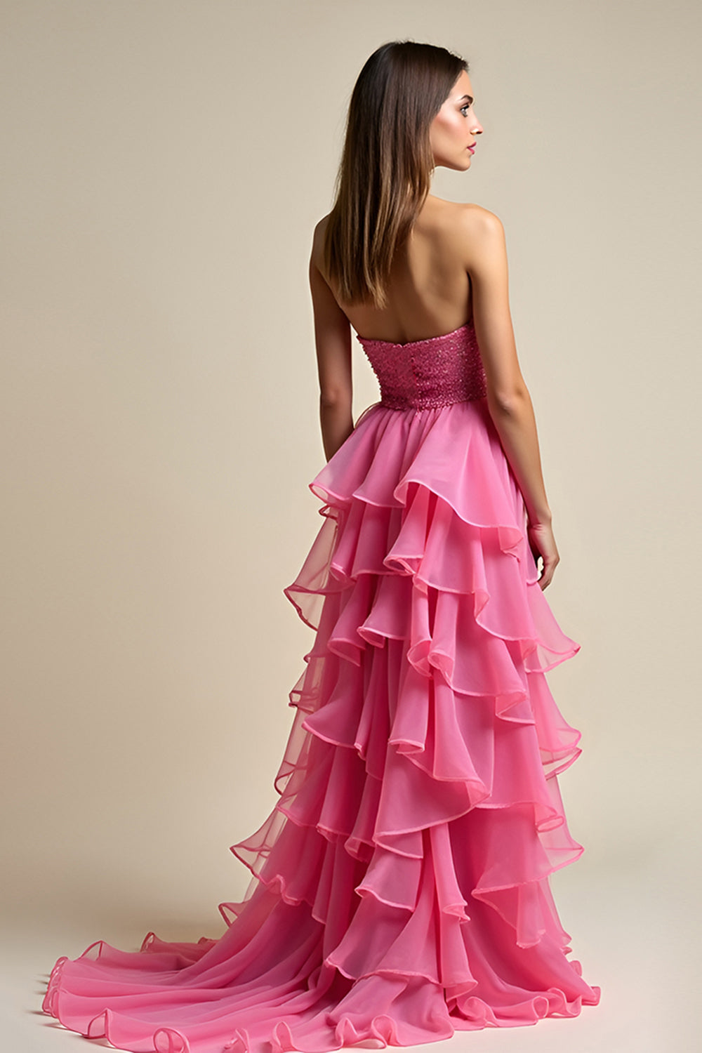 Coral Tulle Tiered A Line Strapless Prom Dress with Beading