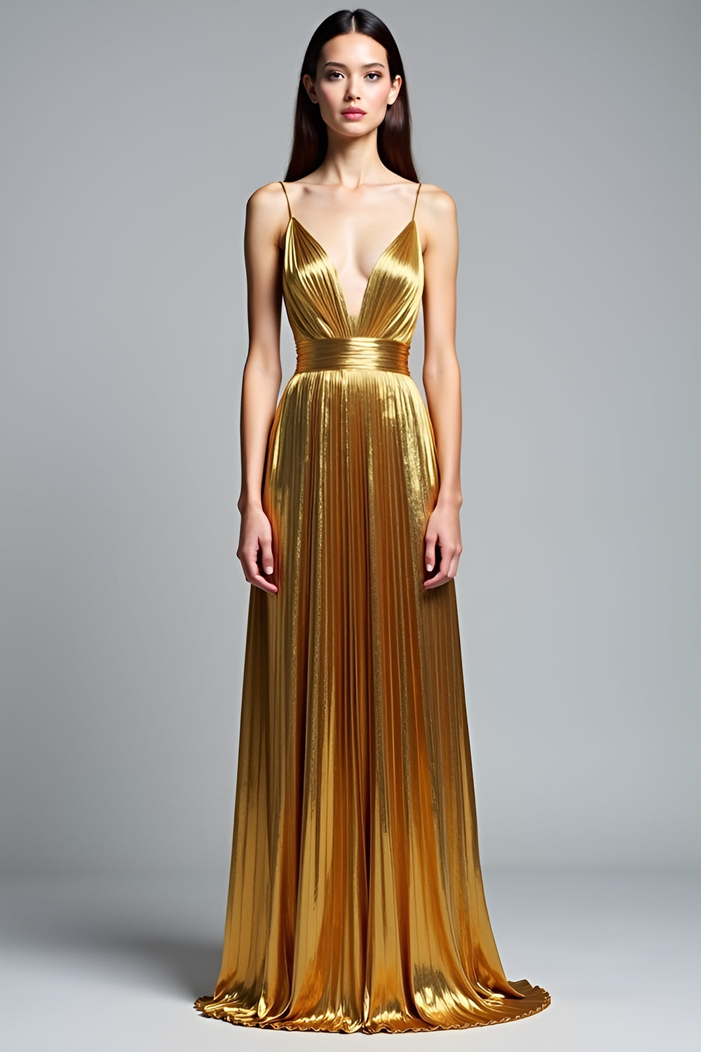 Golden A Line Deep V-Neck Backless Ruched Prom Dress