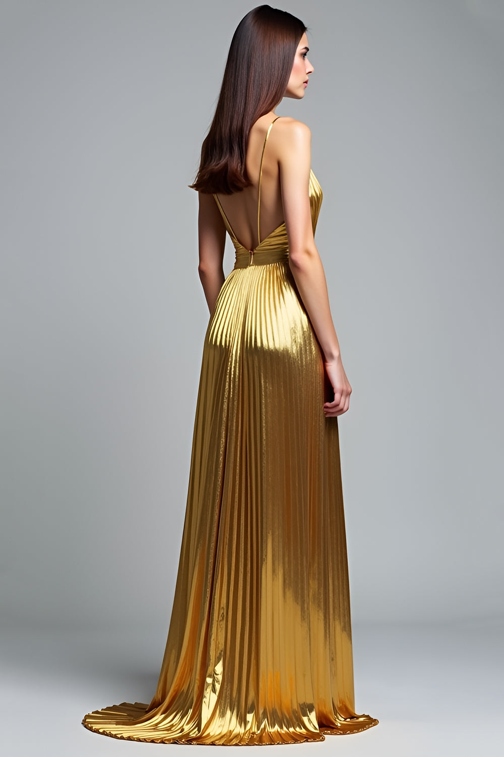 Golden A Line Deep V-Neck Backless Ruched Prom Dress