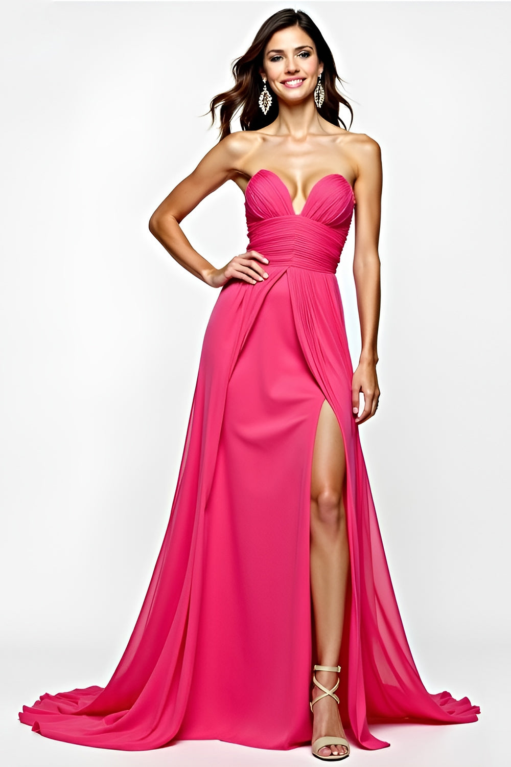 A Line Fuchsia Straplesss Ruched Prom Dress With Slit