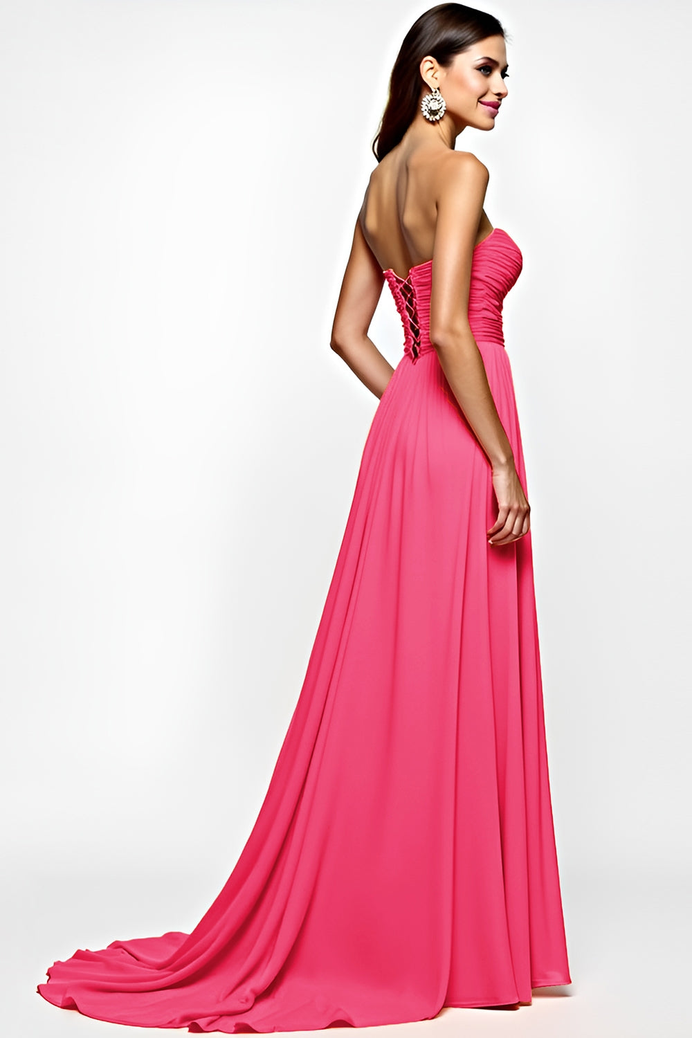 A Line Fuchsia Straplesss Ruched Prom Dress With Slit