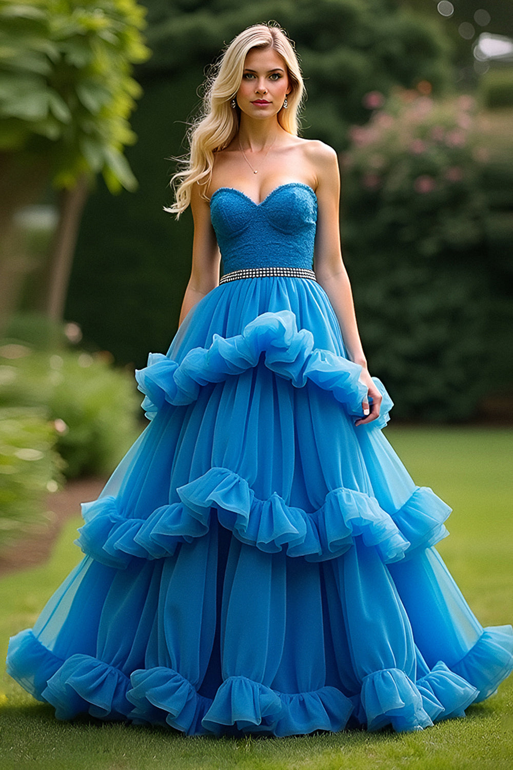 Blue A Line Sweetheart Ruffled Tiered Prom Dress