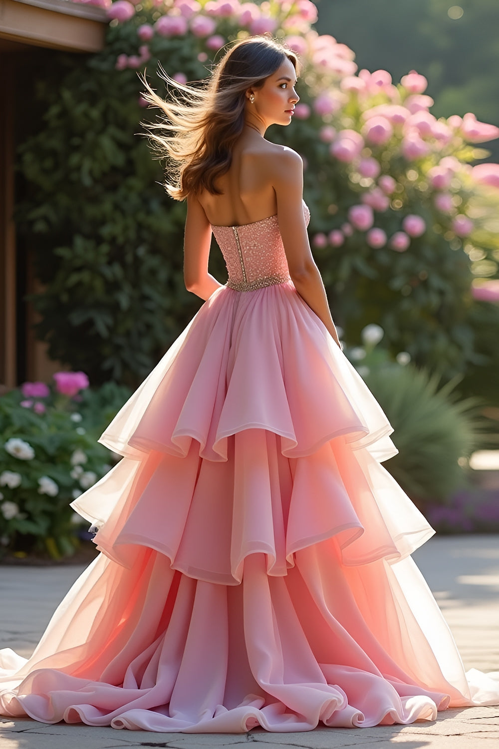 Pink Sweetheart Ruffled Tiered Prom Dress