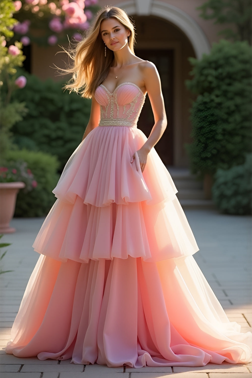 Blush A Line Strapless Ruffled Tiered Prom Dress