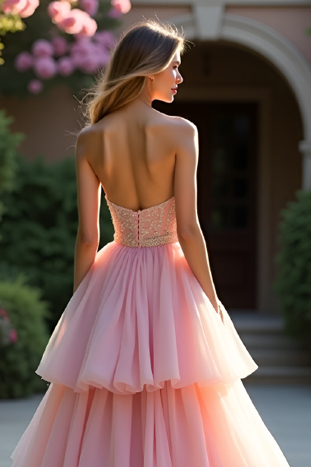 Blush A Line Strapless Ruffled Tiered Prom Dress