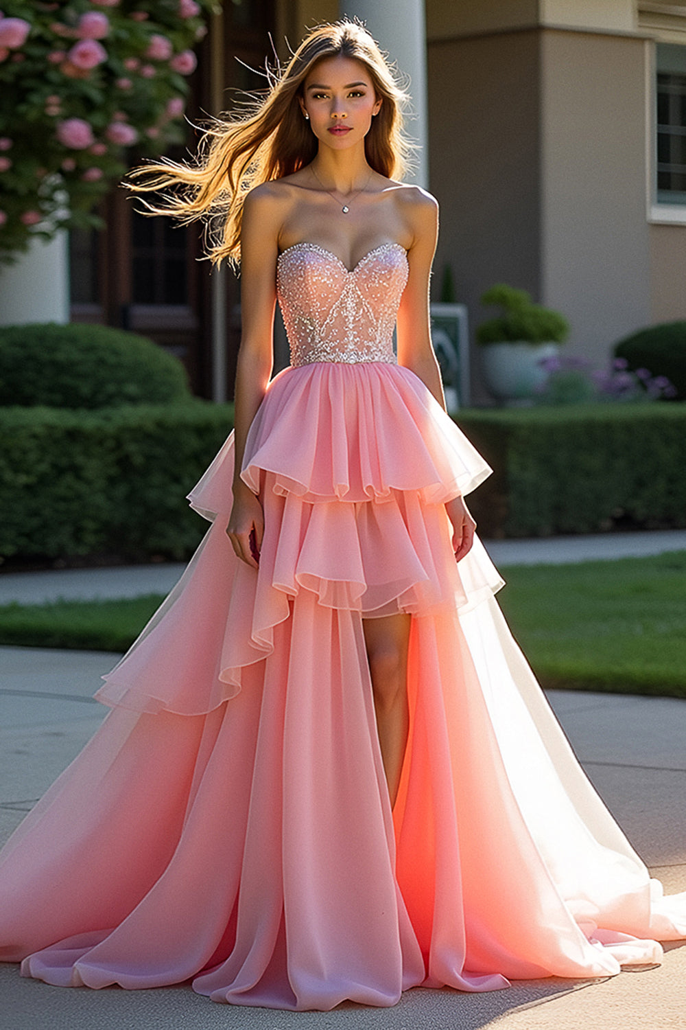 Pink Tulle Tiered Strapless Beaded Prom Dress with Slit