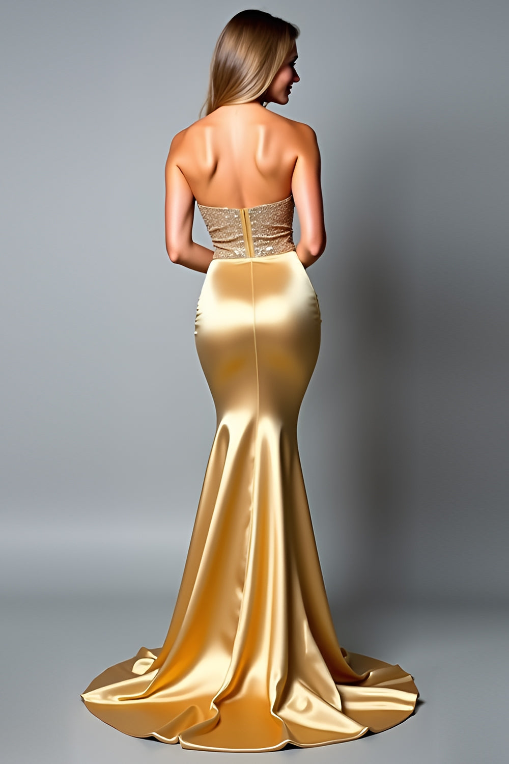 Sparkly Strapless Beaded Golden Sheath Prom Dress