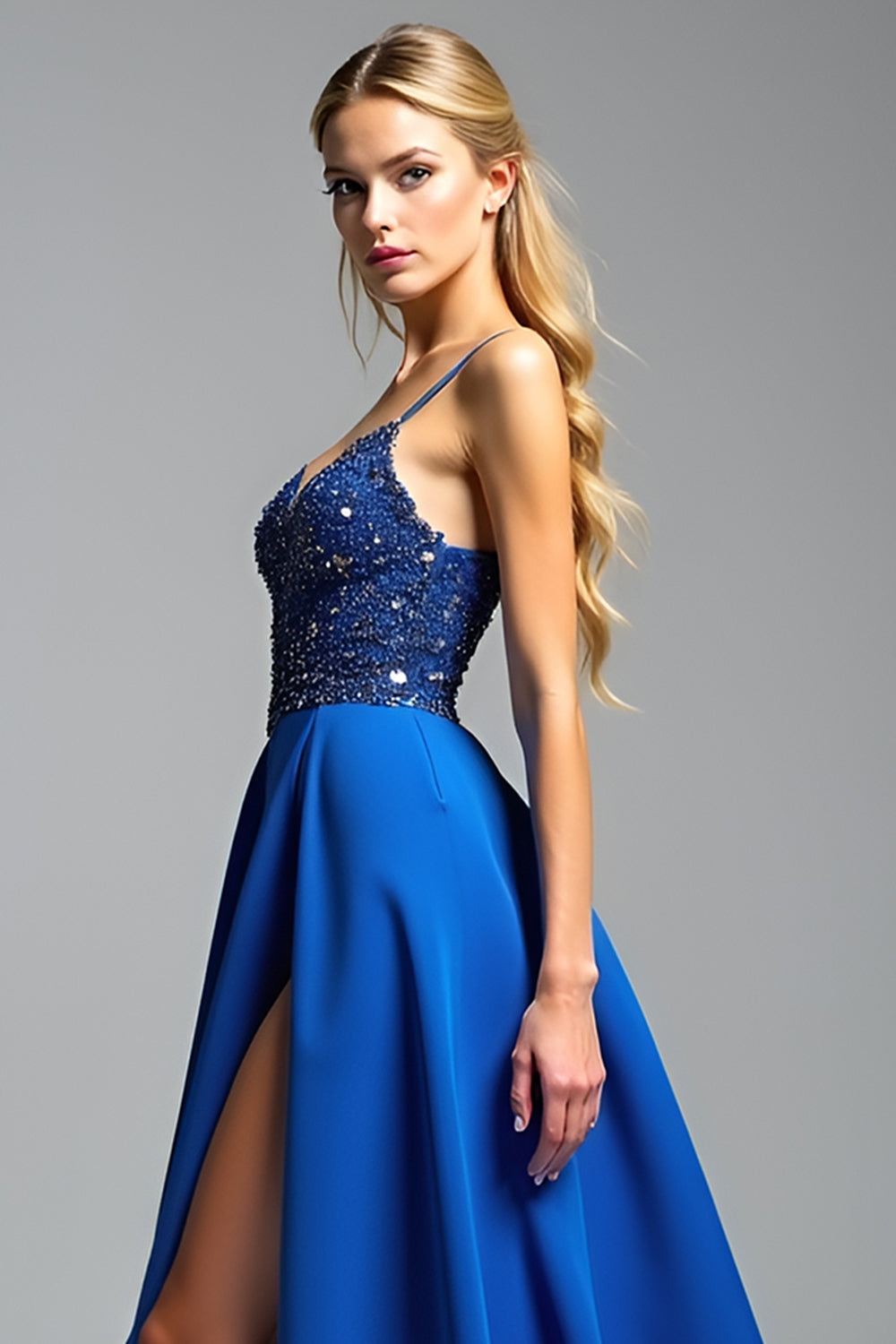 Spaghetti Straps Royal Blue A Line Beads Prom Dress with Slit