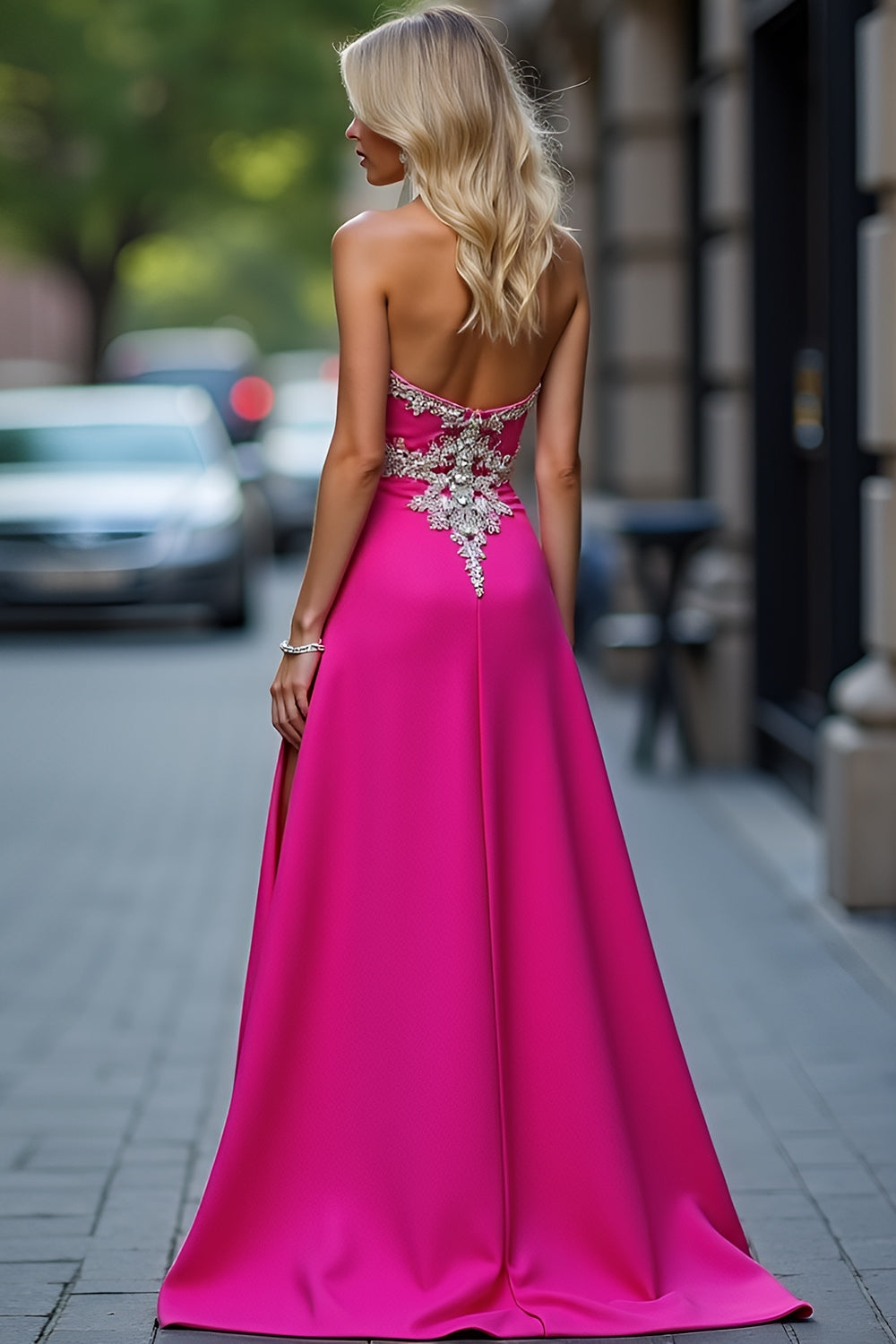 Appliques Fuchsia Strapless Sheath Prom Dress with Slit