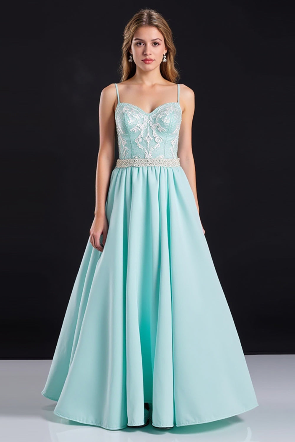 Mint Spaghetti Straps A Line Appliques Prom Dress