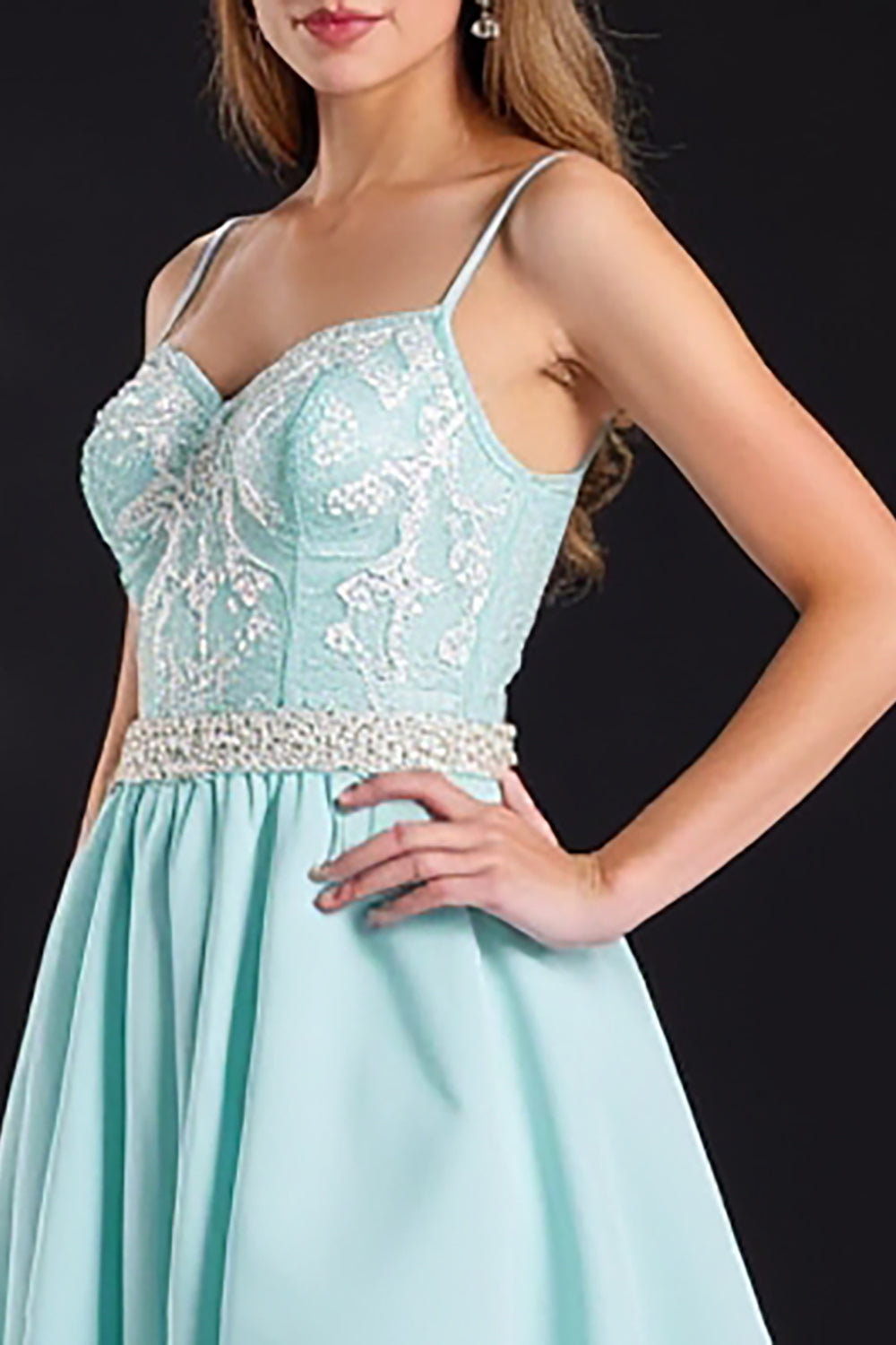 Mint Spaghetti Straps A Line Appliques Prom Dress