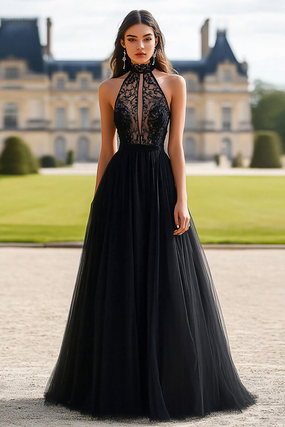 Black Halter A Line Lace Tulle Prom Dress