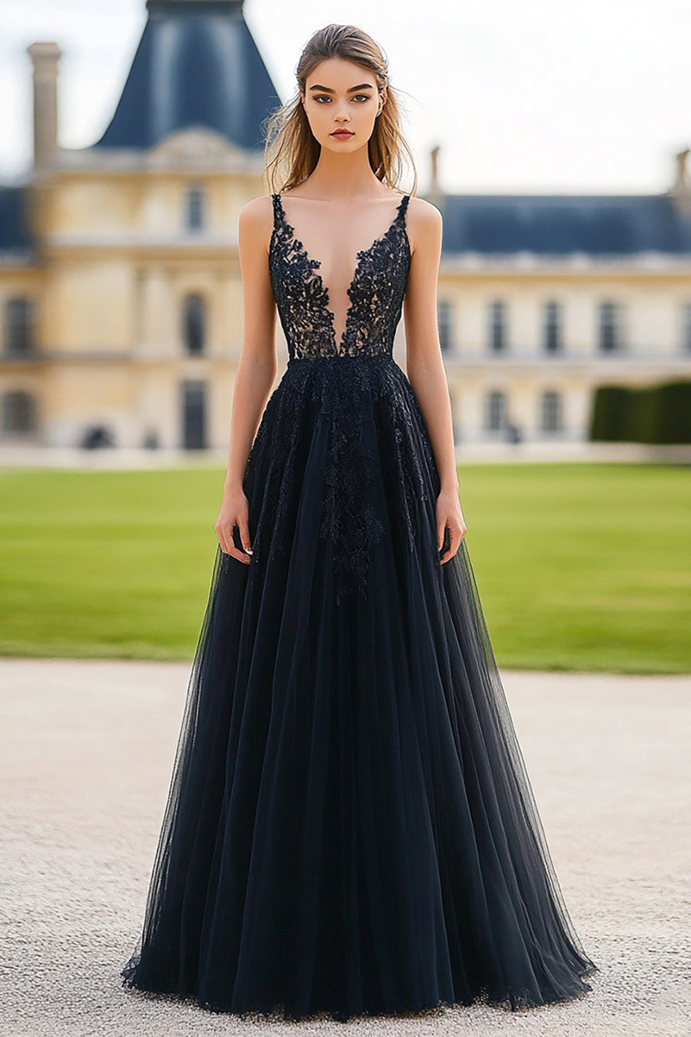 Black A Line Deep V-Neck Tulle Lace Prom Dress