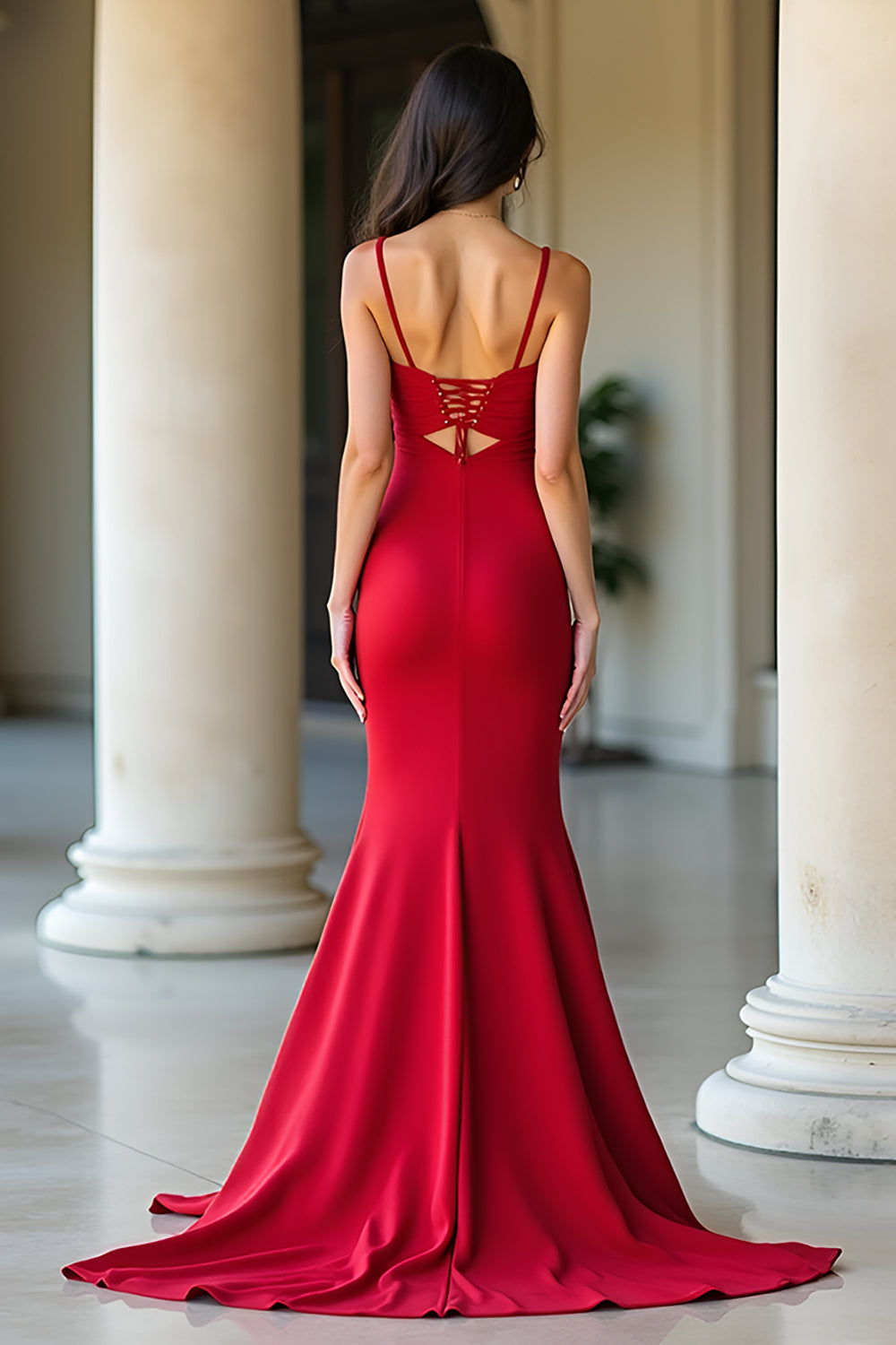 Red Matte Satin Sheath Spaghetti Straps Prom Dress