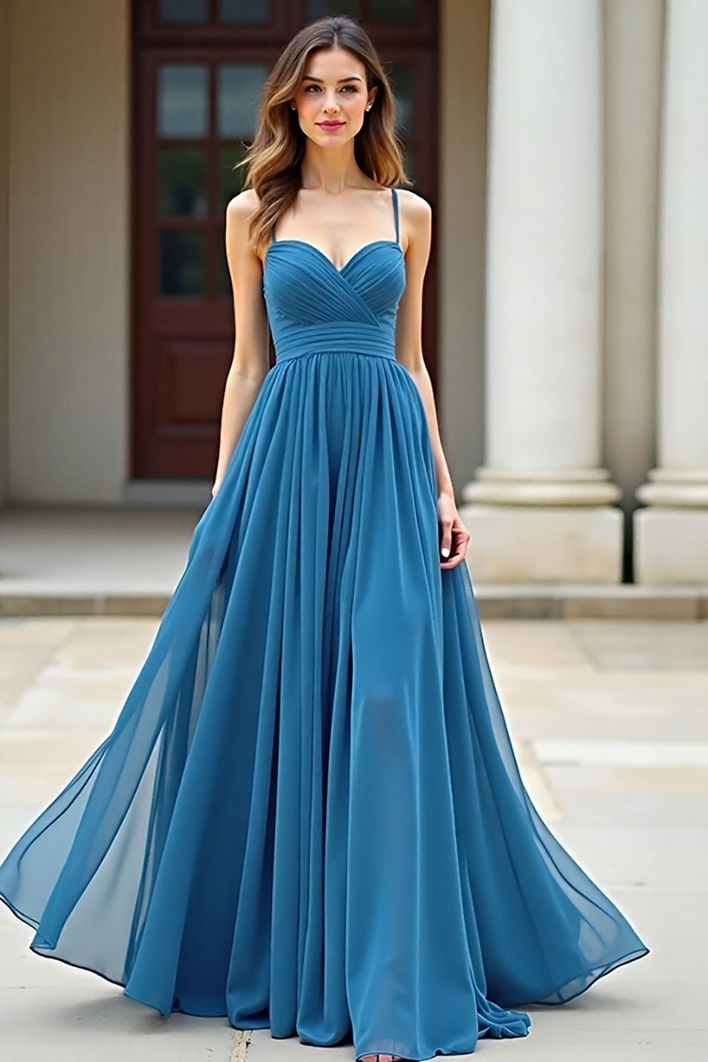 Blue Chiffon A Line Spaghetti Straps Ruched Prom Dress