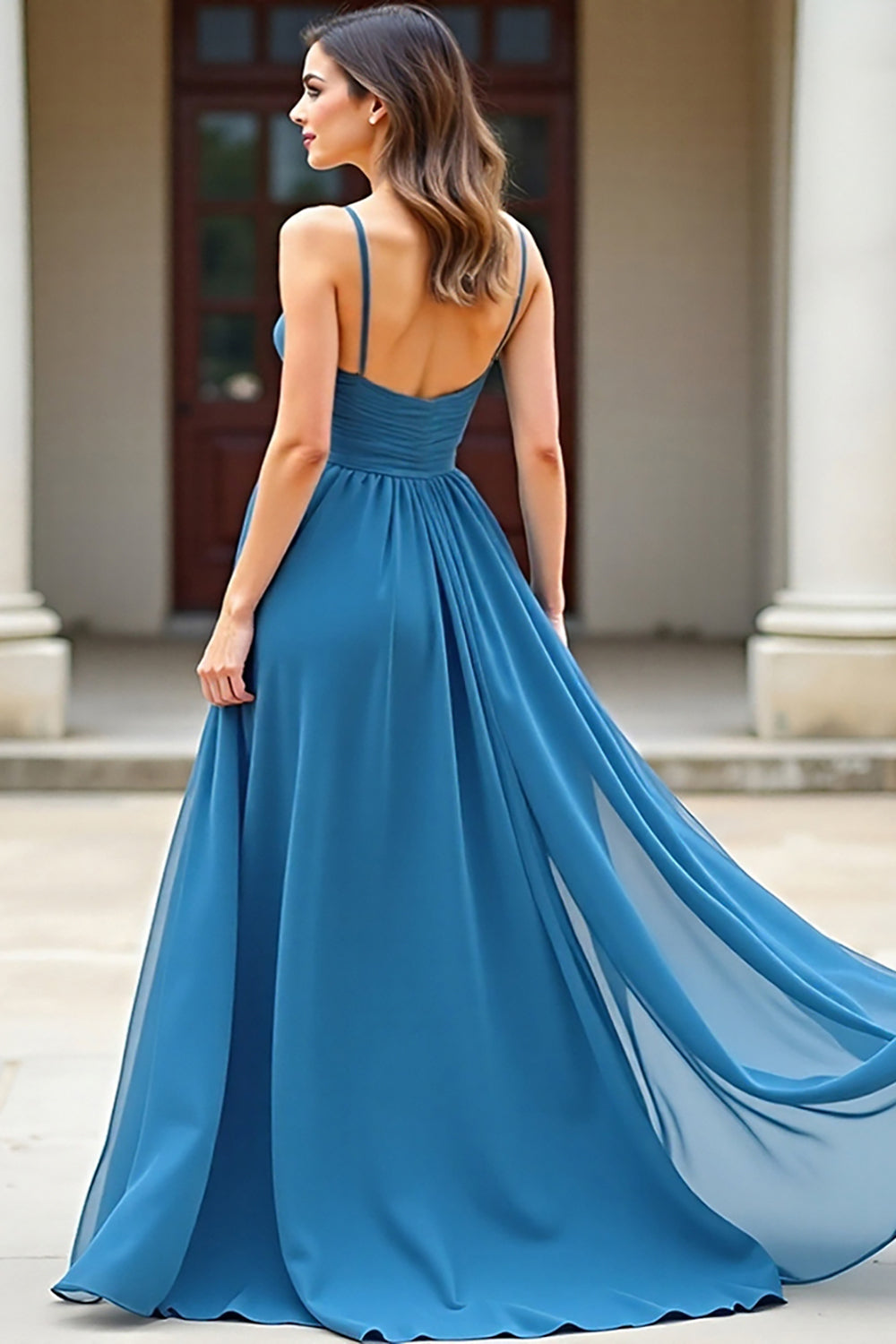 Blue Chiffon A Line Spaghetti Straps Ruched Prom Dress