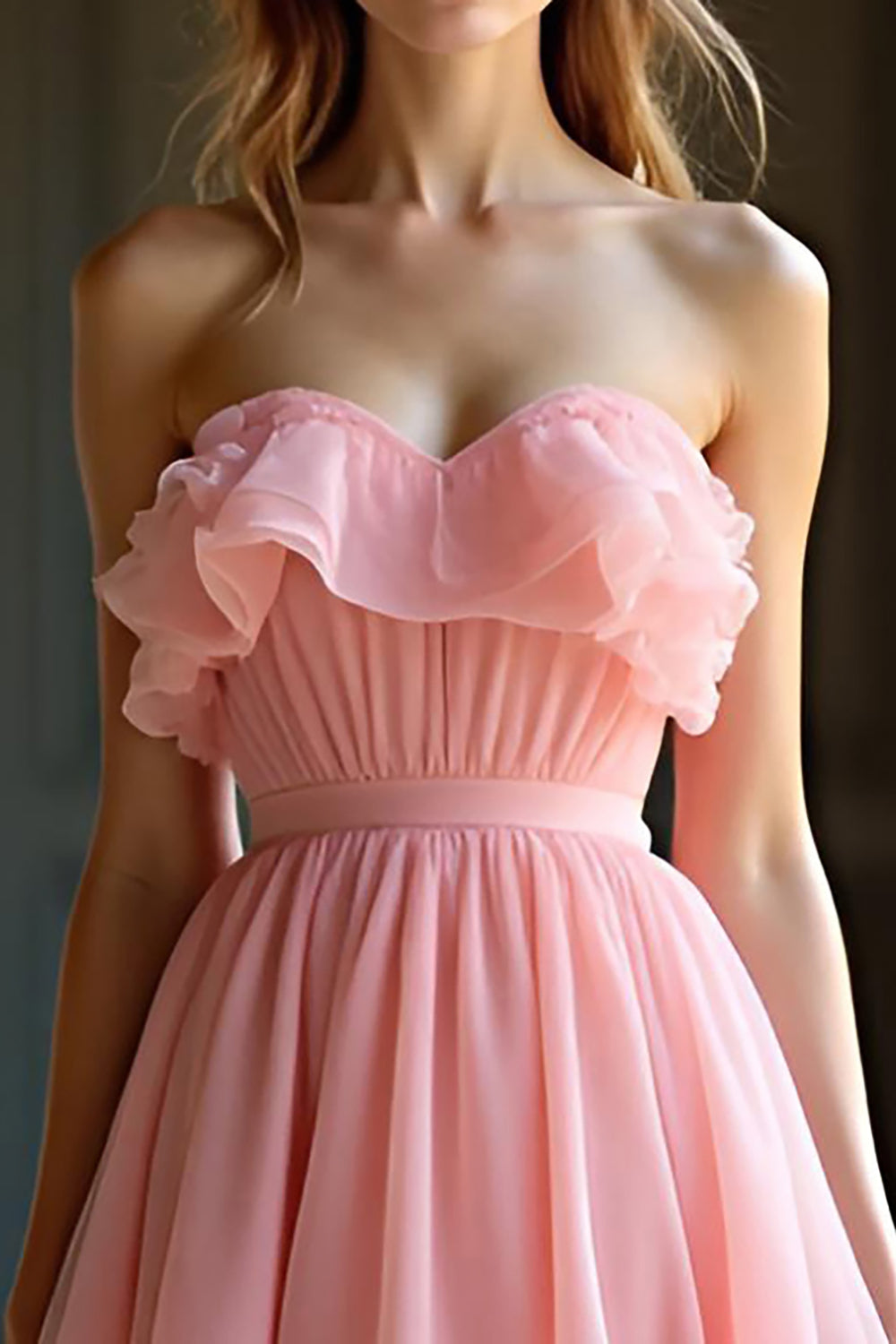 Pink Organza A Line Sweetheart Ruffles A Line Prom Dress