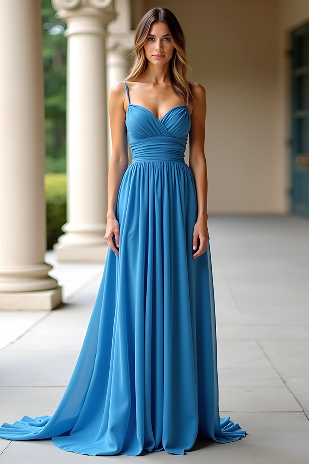 Chiffon A Line Blue Spaghetti Straps Ruched Prom Dress