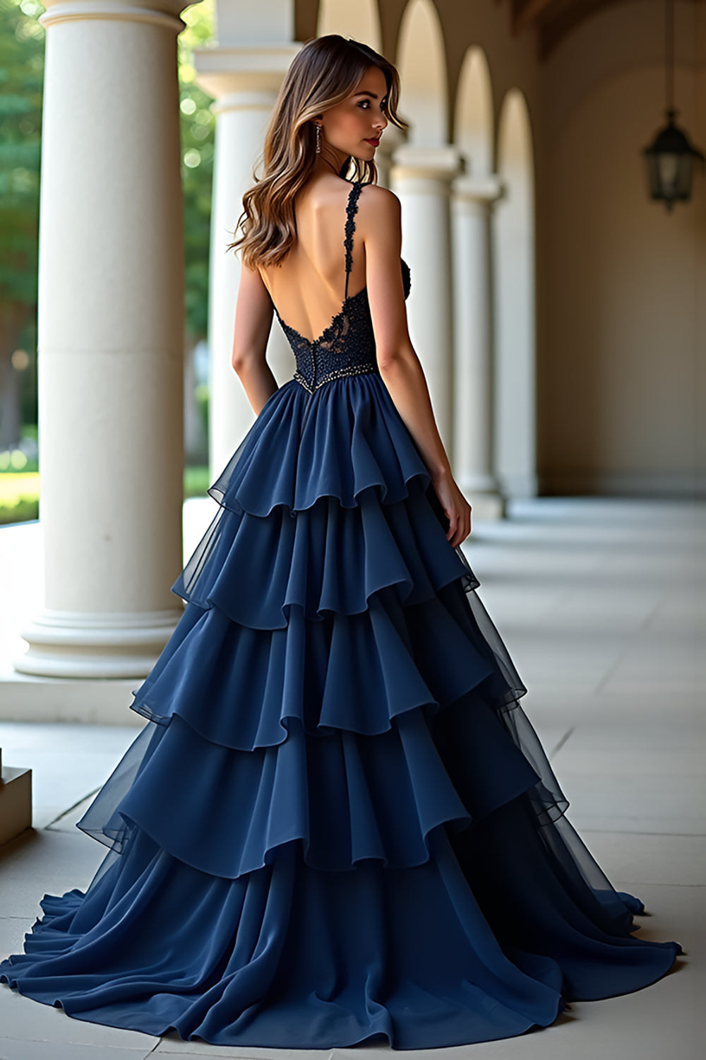 Navy A Line Spaghetti Straps Long Prom Dress with Ruffles