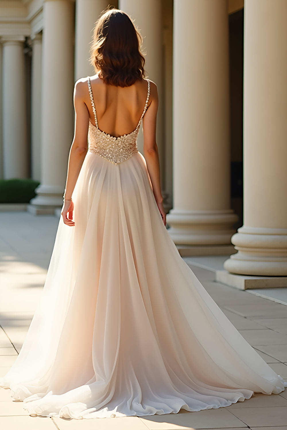 A Line Champagne Spaghetti Straps Long Prom Dress