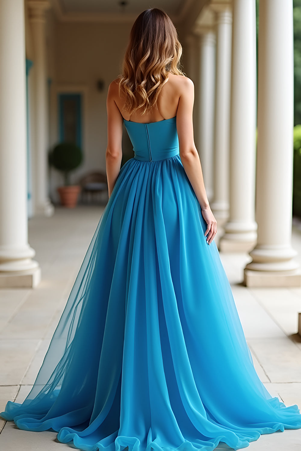 A Line Blue Strapless Pleated Long Prom Dress with Slit