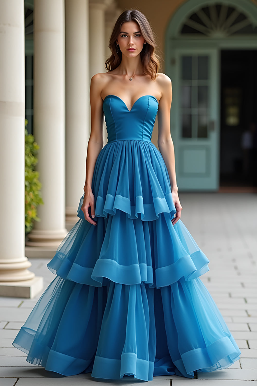 Blue Strapless Pleated A Line Tiered Long Prom Dress