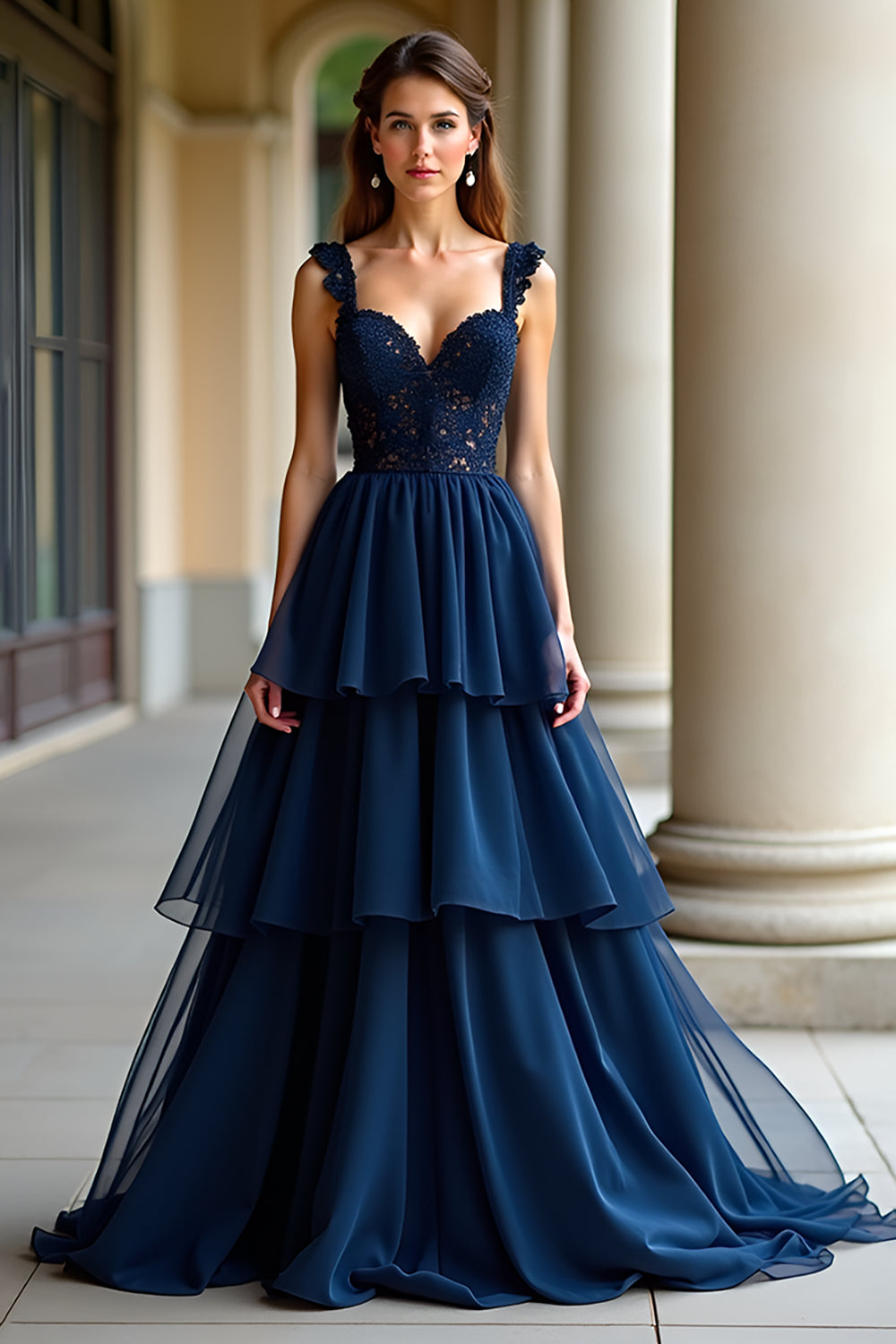 Navy A Line Spaghetti Straps Tiered Lace Long Prom Dress