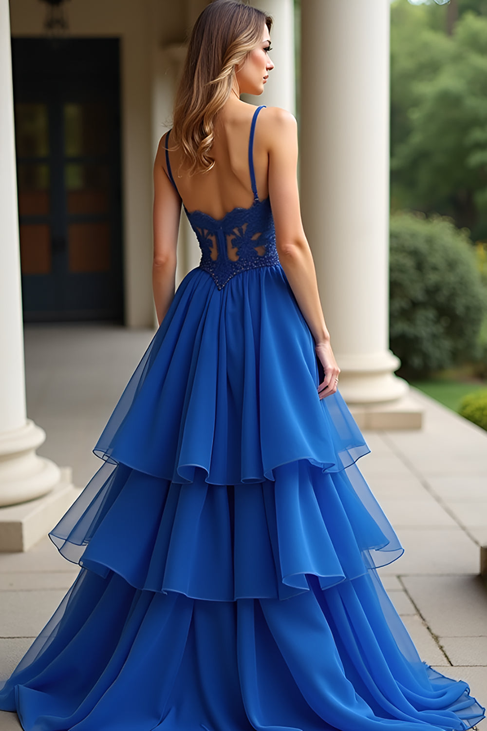 A Line Royal Blue Spaghetti Straps Lace Long Prom Dress