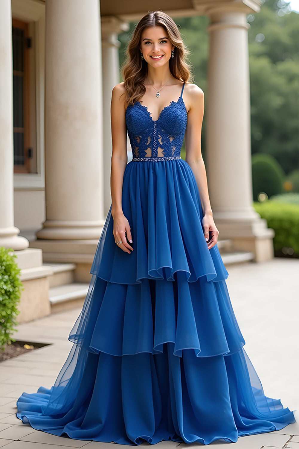 Dark Blue Lace A Line Tiered Spaghetti Straps Long Prom Dress