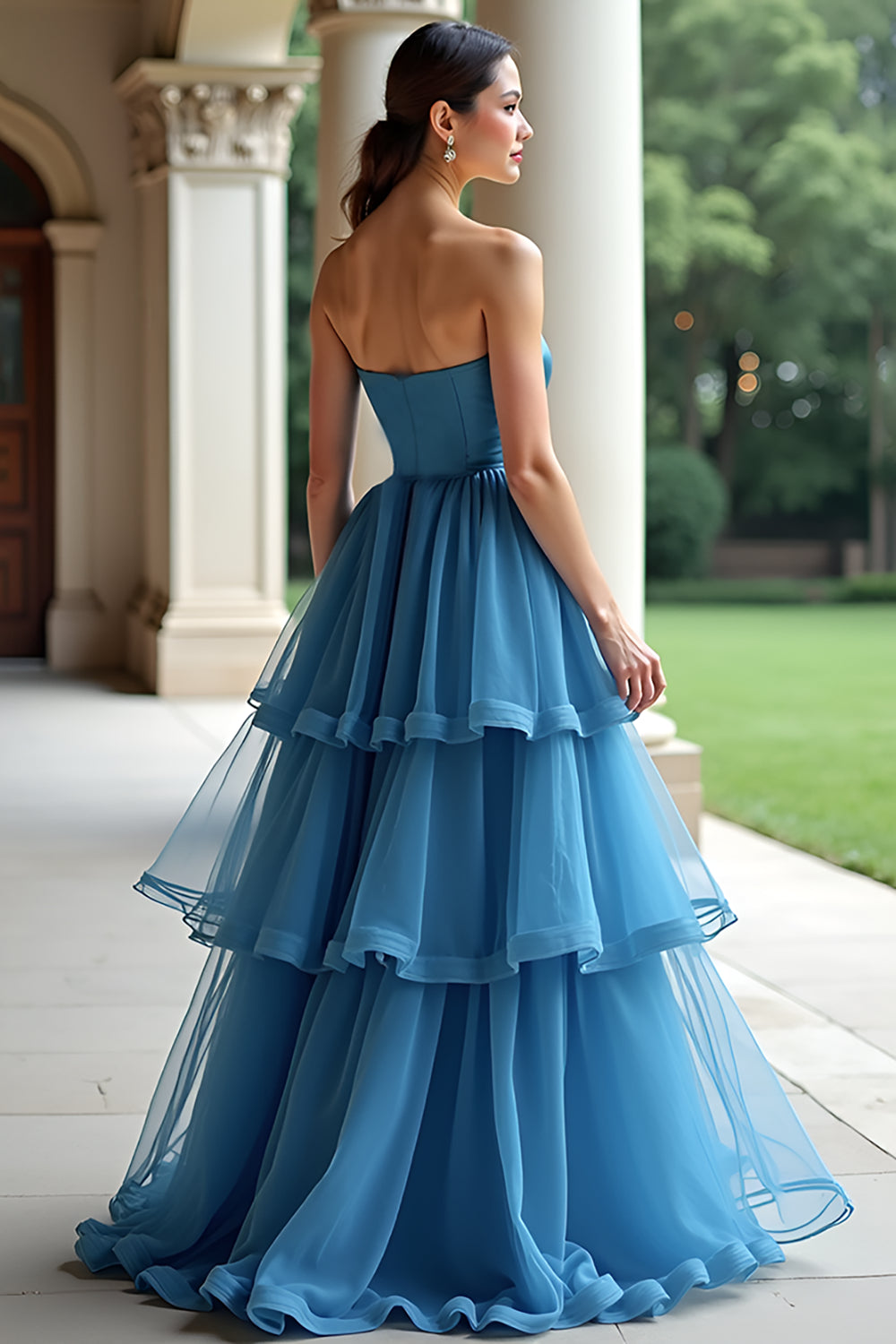 A Line Strapless Blue Tiered Organza Long Prom Dress